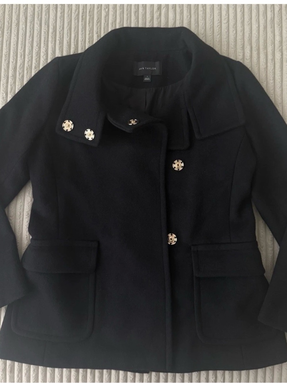 Ann Taylor Black Wool Funnel Neck Peacoat with Gold-Tone Decorative Buttons - S